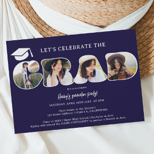 Chic Simple navy blue 3 photos script graduation Invitation