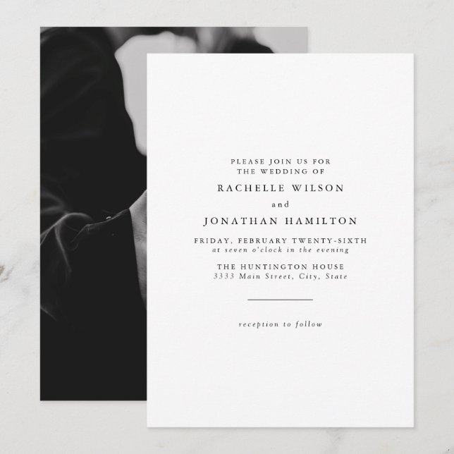 Chic Simple Photo Black White Monogram Wedding Invitation (Front/Back)