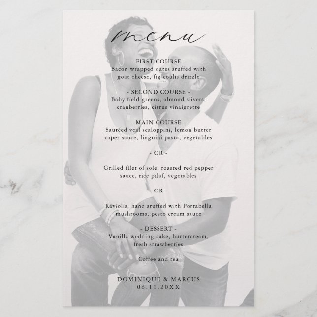 Chic Simple Photo Elegant Budget Wedding Menu (Front)