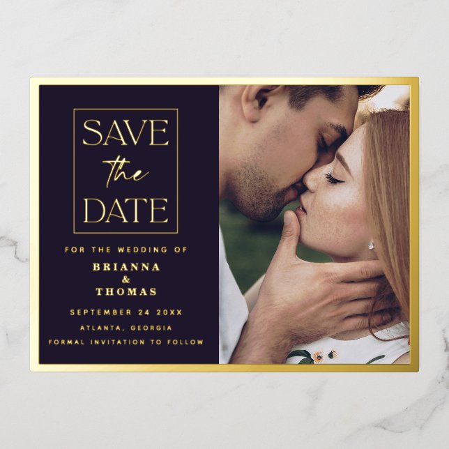Chic Simple Photo Save the Date Wedding Gold Foil Invitation Postcard (Front)