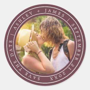 Chic Simple Save the Date Wedding Photo Burgundy Classic Round Sticker