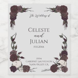 Chic Skulls & Roses Gothic Wedding Wine Label