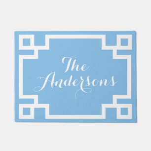 Chic Sky Blue and White Greek Key Monogram Doormat