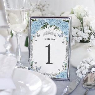 Chic Sky Blue Floral Silver Birthday Quinceanera Table Number