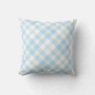Chic Sky Blue, Green and White Check Pattern Cushion
