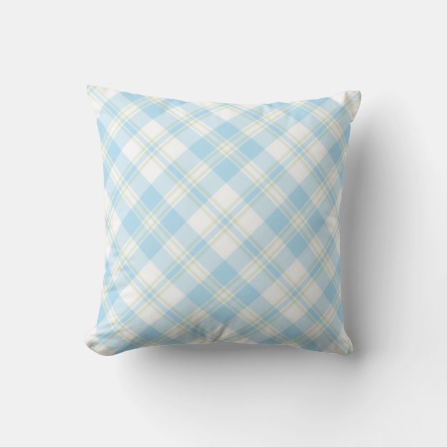 Chic Sky Blue, Green and White Check Pattern Cushion (Front)