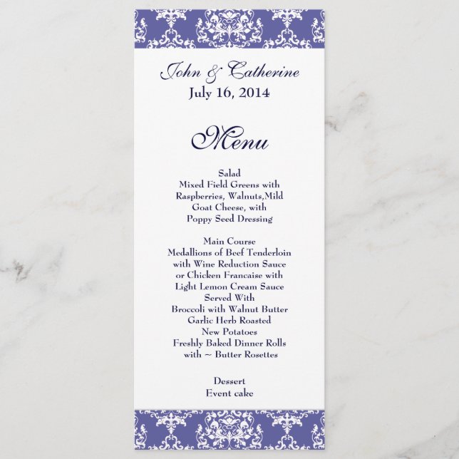 Chic Slate Blue & White Damask Wedding Table Menu (Front)