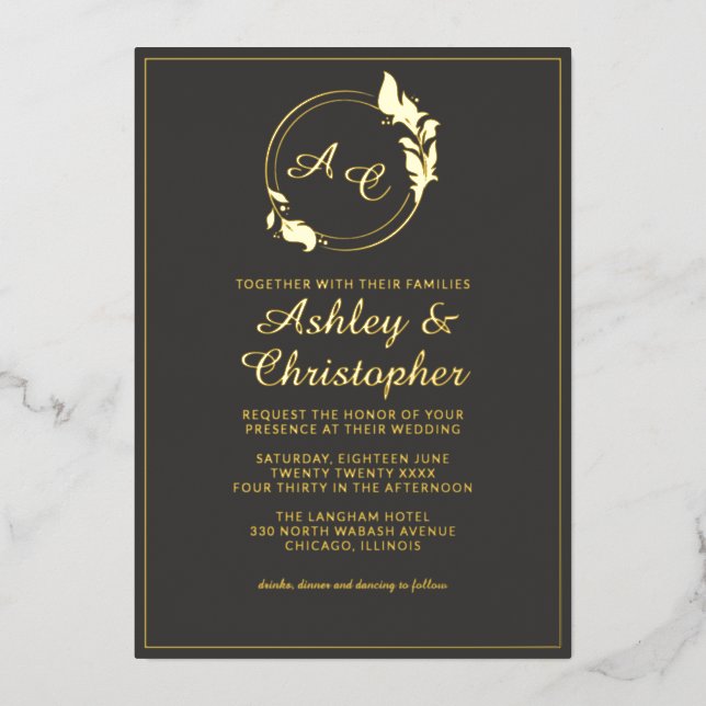Chic Slate Grey Leaf Monogram Photo Wedding Gold (Front)