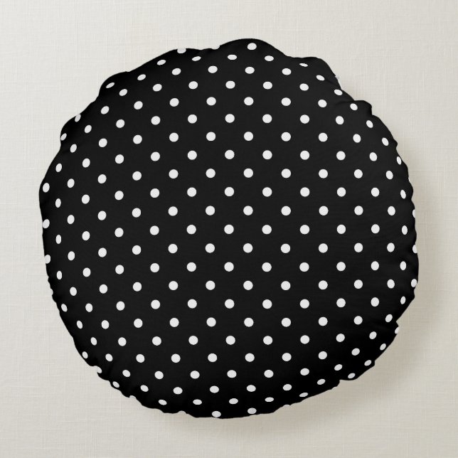 Chic Small White Polka dots black background Round Cushion (Back)