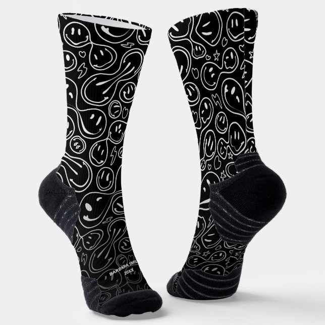 Chic Smiling Face Melting Smile Pattern Black Socks (Angled)