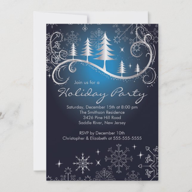 Chic Snowflakes Christmas Trees Holiday Party Invitation (Front)