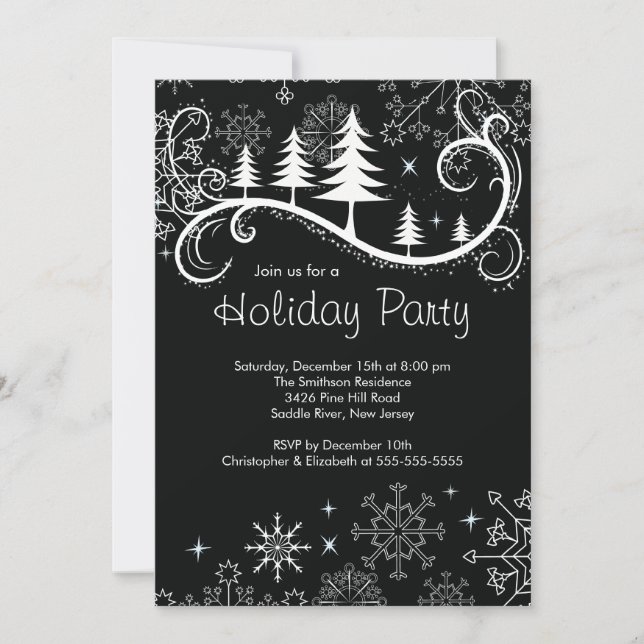 Chic Snowflakes Christmas Trees Holiday Party Invitation (Front)
