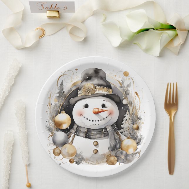 Chic Snowman: Black and Gold Holiday Charm Paper Plate (Wedding)