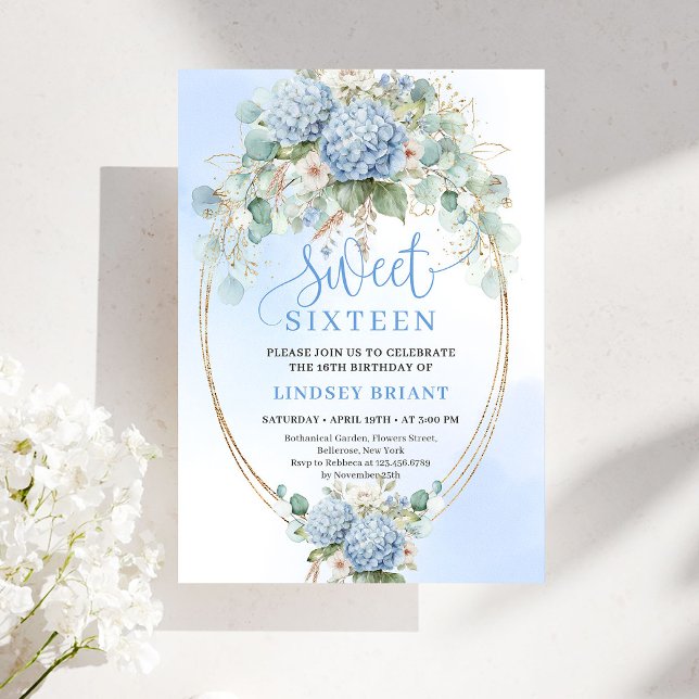 Chic Soft Blue Floral Gold Sweet 16 Birthday Party Invitation (Soft Blue Floral Gold Sweet 16 Birthday Party Invite)