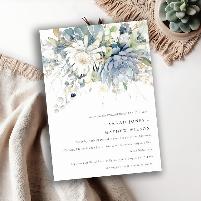 Chic Soft Blue Green Succulent Floral Engagement  Invitation (Creator Uploaded)
