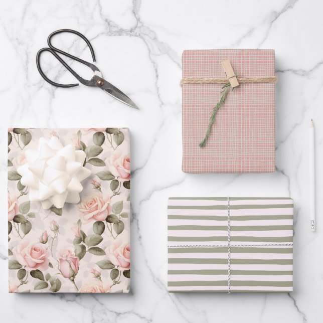 Chic Soft Blush Floral Wrapping Paper Sheet (Front)