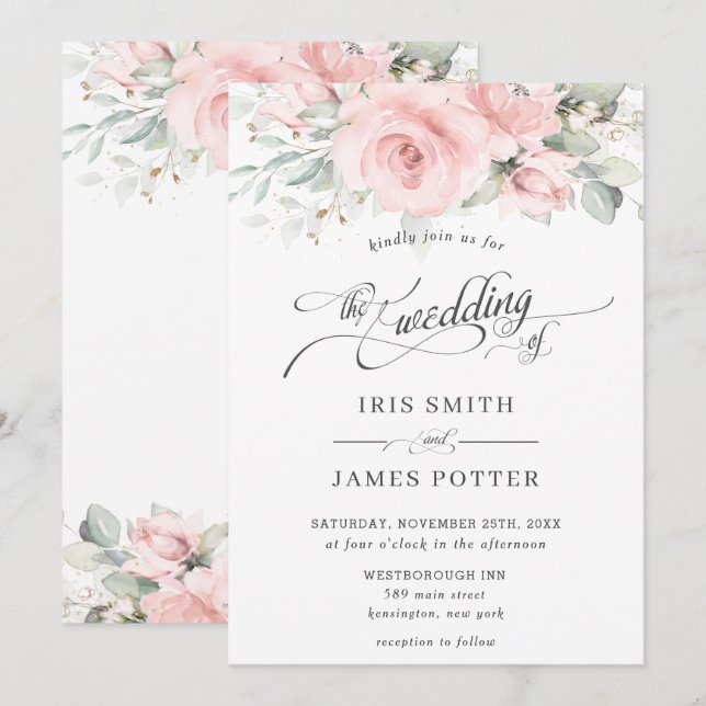 Chic Soft Blush Pink Floral Greenery Wedding Invitation (Front/Back)
