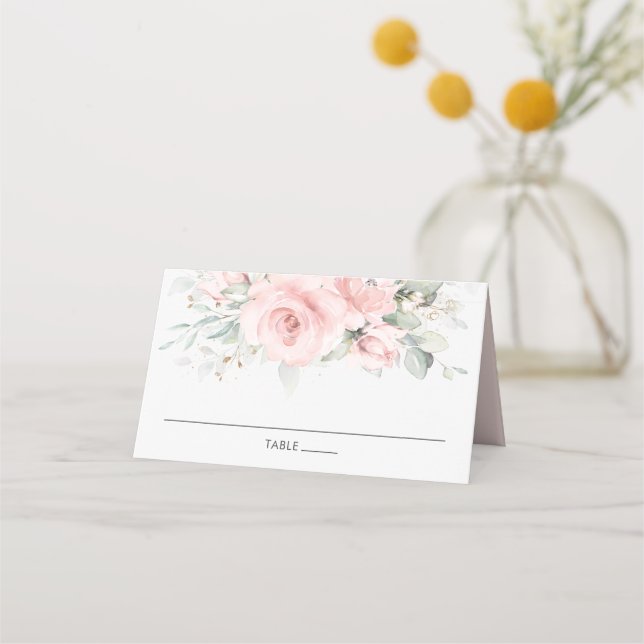 Chic Soft Blush Pink Floral Wedding Guest Name Place Card (Front)