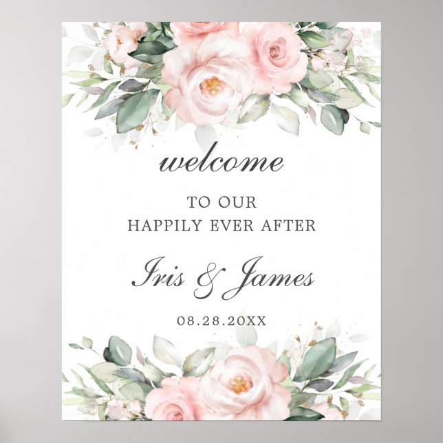 Chic Soft Blush Pink Roses Floral Wedding Welcome  Poster (Front)