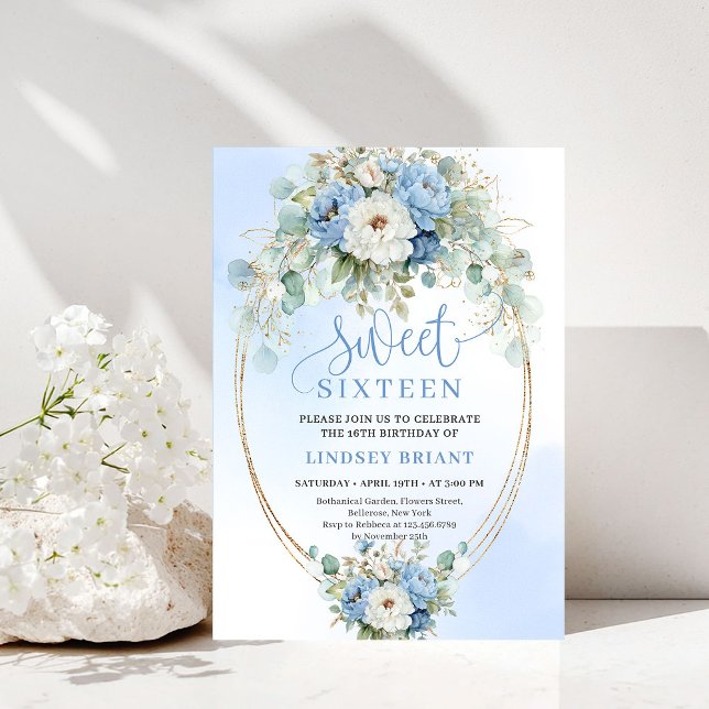 Chic Soft Dusty Blue Floral Gold Sweet 16 Birthday Invitation (Soft Dusty Blue Floral Gold Sweet 16 Birthday Party Invite)