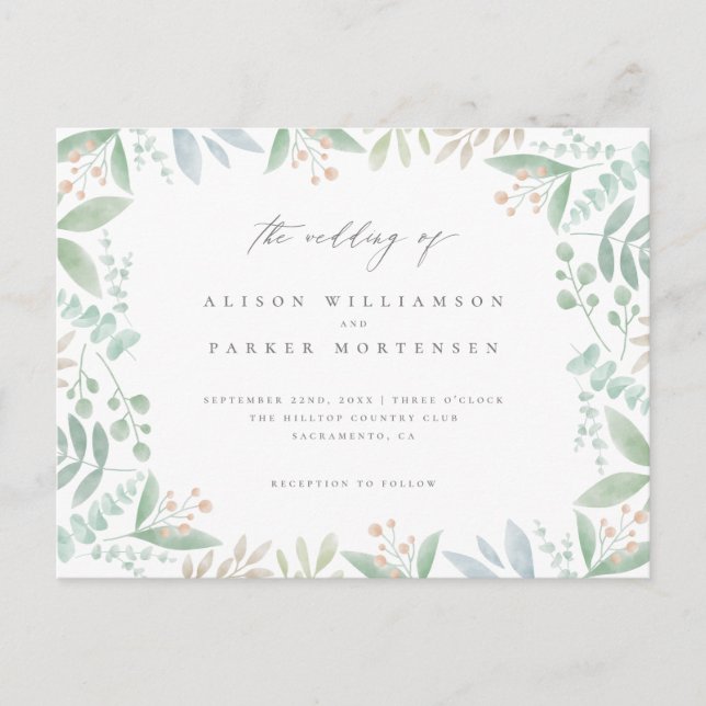 Chic Soft Eucalyptus, Leaves & Greenery Wedding Invitation Postcard (Front)