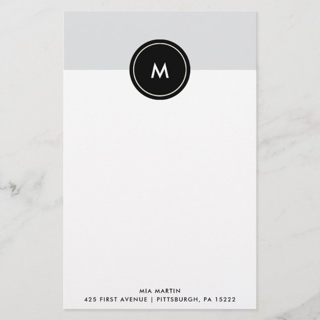 Chic Soft Grey and Black | Monogram Stationery (Front)