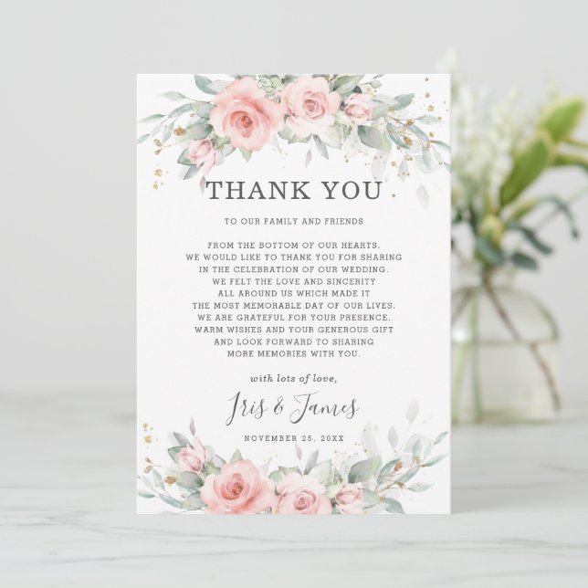 Chic Soft Hued Blush Pink Floral Greenery Wedding Thank You Card (Standing Front)