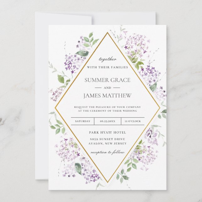 Chic Soft Lilac Purple Floral Greenery Wedding Invitation (Front)