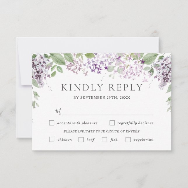 Chic Soft Lilac Purple Floral Wedding Meal Choice RSVP Card (Front)