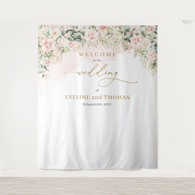 Chic soft pastel pink roses wedding backdrop tapestry (Front)