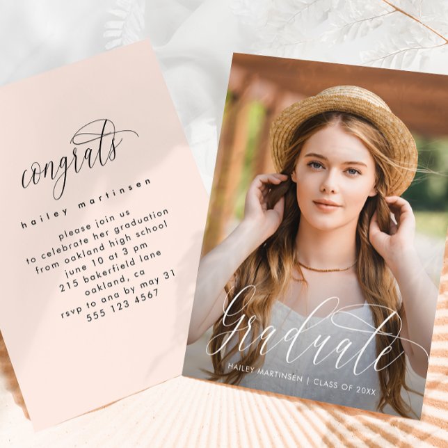Chic Soft Peach Photo Graduation Party Invitation (Creator Uploaded)
