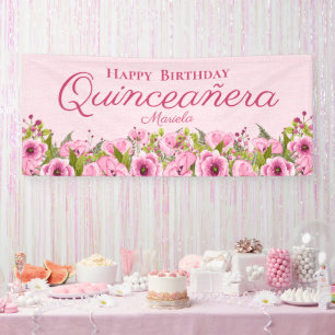 Chic Soft Pink Textured Pink Poppies Quinceañera  Banner