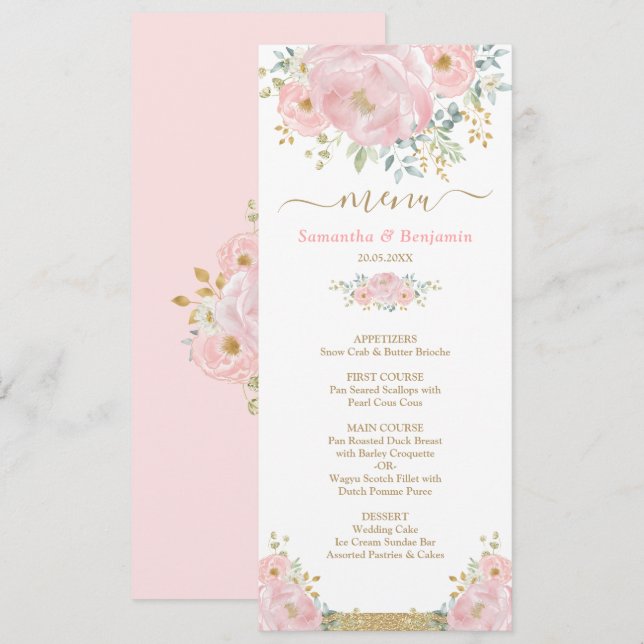 Chic Soft Pink Watercolor Floral Wedding Menu Card (Front/Back)