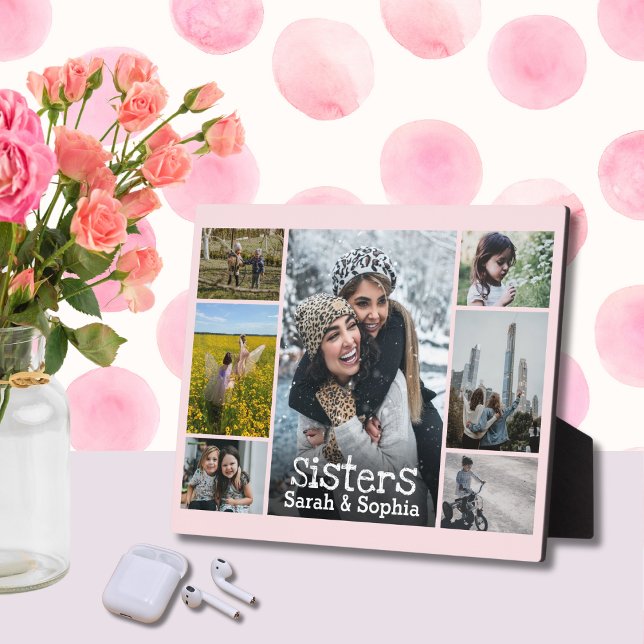 Chic Soft Pink White Text Sisters Photo Collage Plaque (Creator Uploaded)