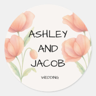 Chic Soft Sage Green and Peach Floral Wedding Stic Classic Round Sticker
