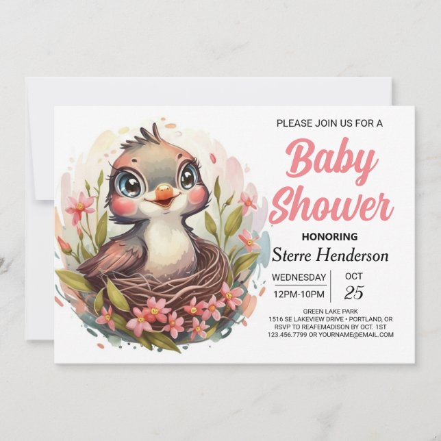 Chic Songbird Woodland Bird Baby Shower Invitation (Front)