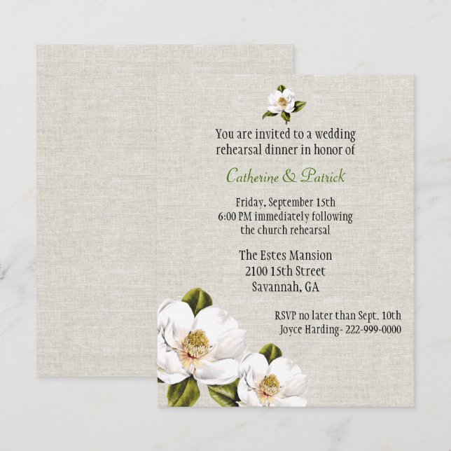 Chic Southern Magnolias Wedding Rehearsal Dinner Invitation (Front/Back)