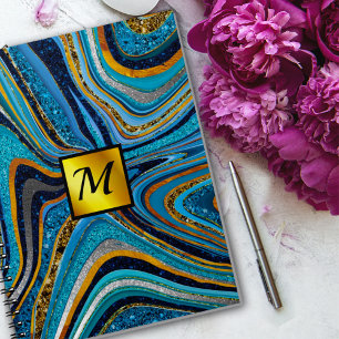 Chic Sparkle Glitter marble art blue gold monogram Notebook
