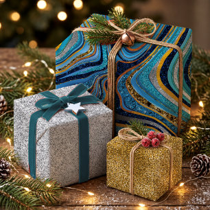 Chic Sparkle Glitter marble art blue gold Wrapping Paper Sheet