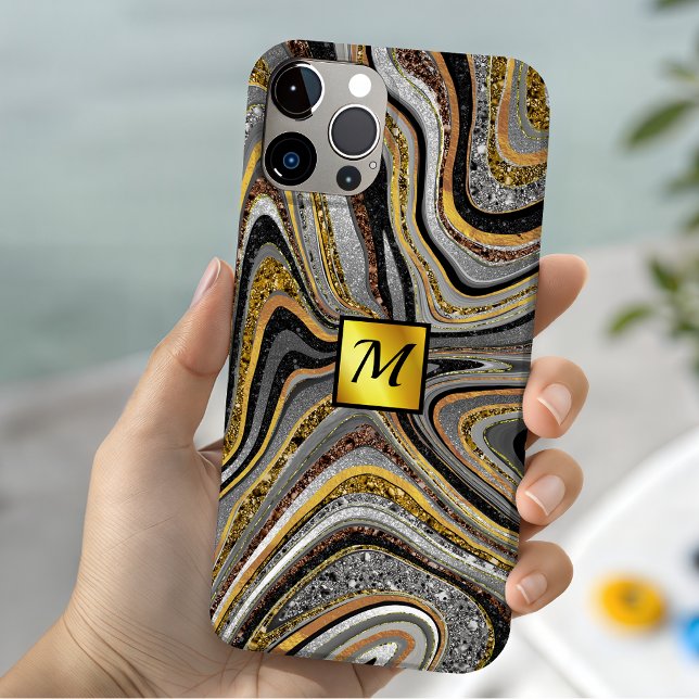 Chic Sparkle Glitter marble art grey gold monogram Case-Mate iPhone Case (Creator Uploaded)