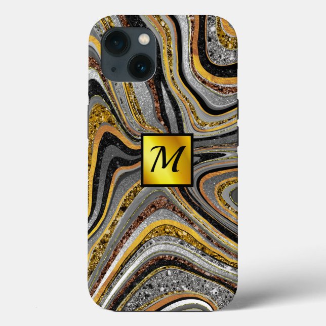 Chic Sparkle Glitter marble art grey gold monogram Case-Mate iPhone Case (Back)