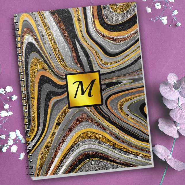 Chic Sparkle Glitter marble art grey gold monogram Notebook (Creator Uploaded)