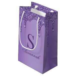 Chic Sparkle Purple Glitter Drips Monogram  Small Gift Bag