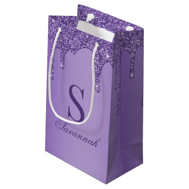 Chic Sparkle Purple Glitter Drips Monogram  Small Gift Bag (Back Angled)