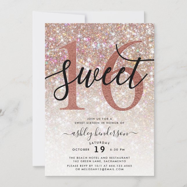 Chic Sparkly Champagne Glitter Sweet Sixteen Invitation (Front)