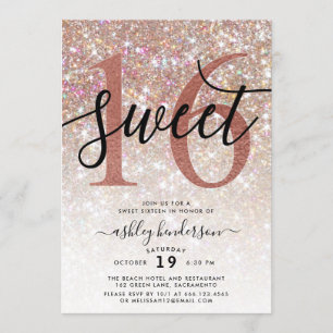 Chic Sparkly Champagne Glitter Sweet Sixteen Invitation