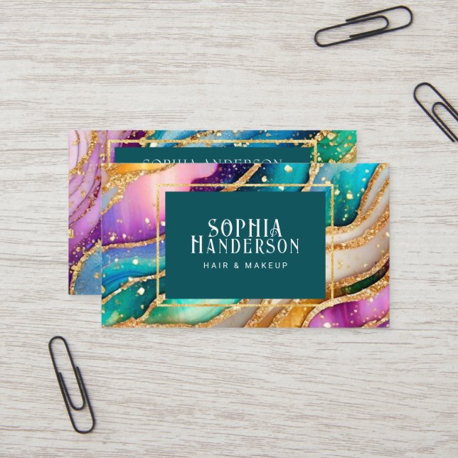 Chic Sparkly Glitter Golden Rainbow Agate Glamour Business Card (Front/Back In Situ)