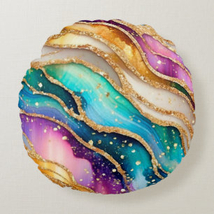 Chic Sparkly Glitter Golden Rainbow Agate Glamour  Round Cushion