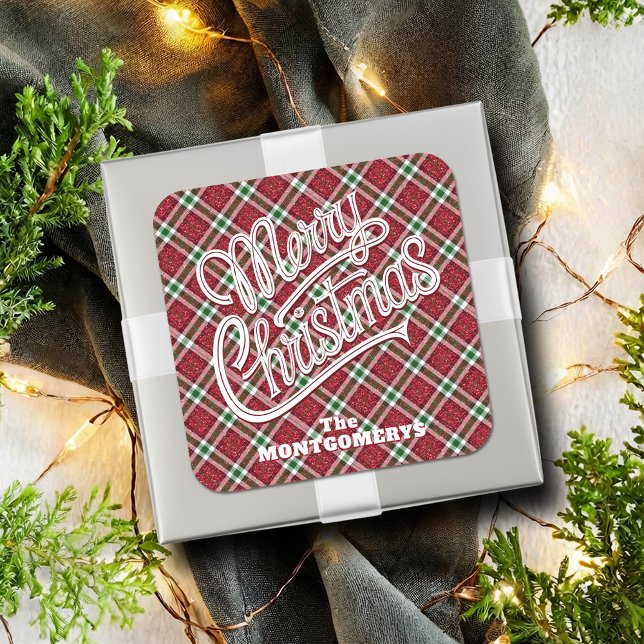 Chic Sparkly Plaid Christmas  Square Sticker (Chic faux sparkly plaid Christmas square stickers - 3" shown or 1-1/2")