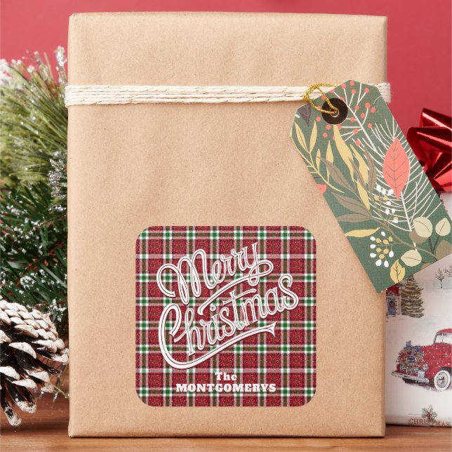 Chic Sparkly Plaid Christmas  Square Sticker (Holiday)
